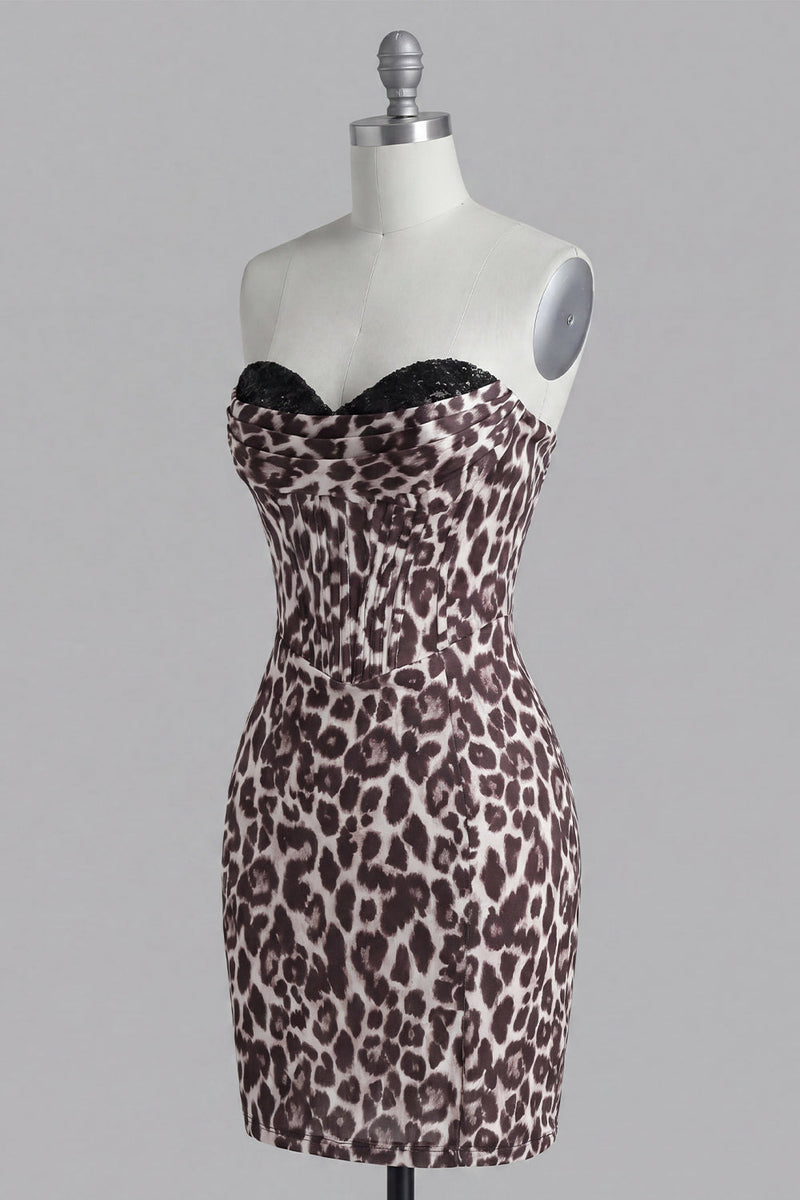 Load image into Gallery viewer, Coffee Leopard Print Tight Corset Short Ruched Prom Dress with Beading