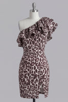Load image into Gallery viewer, Ruffles Tight One Shoulder Coffee Leopard Print Short Prom Dress with Slit