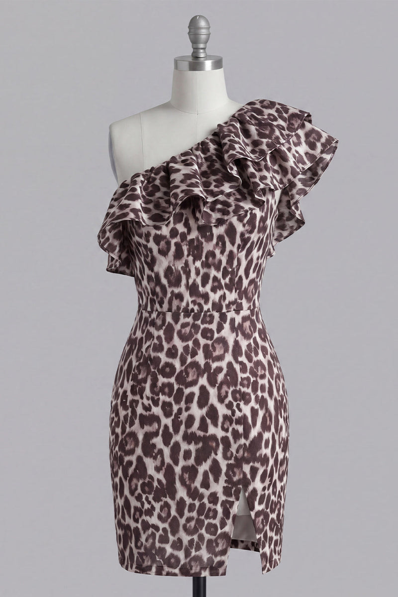 Load image into Gallery viewer, Ruffles Tight One Shoulder Coffee Leopard Print Short Prom Dress with Slit