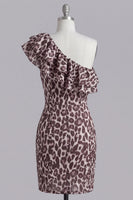 Load image into Gallery viewer, Ruffles Tight One Shoulder Coffee Leopard Print Short Prom Dress with Slit
