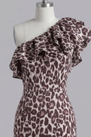 Load image into Gallery viewer, Ruffles Tight One Shoulder Coffee Leopard Print Short Prom Dress with Slit