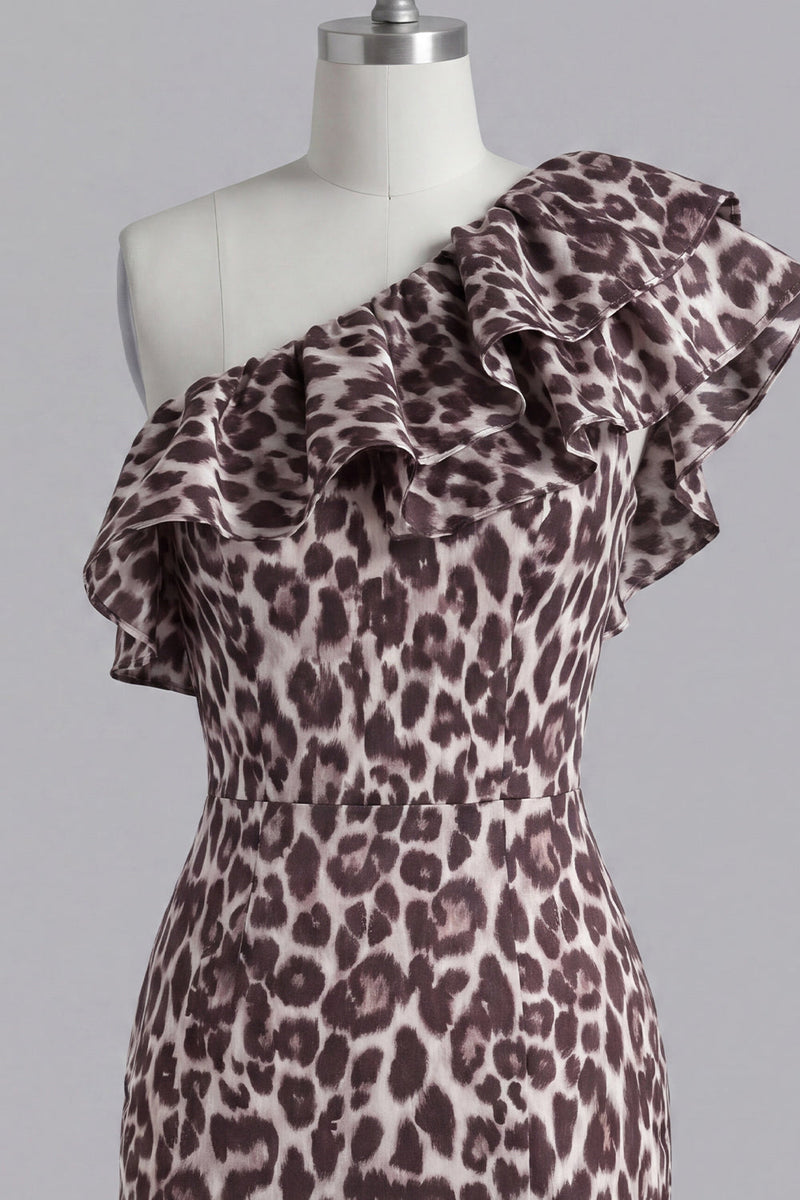 Load image into Gallery viewer, Ruffles Tight One Shoulder Coffee Leopard Print Short Prom Dress with Slit