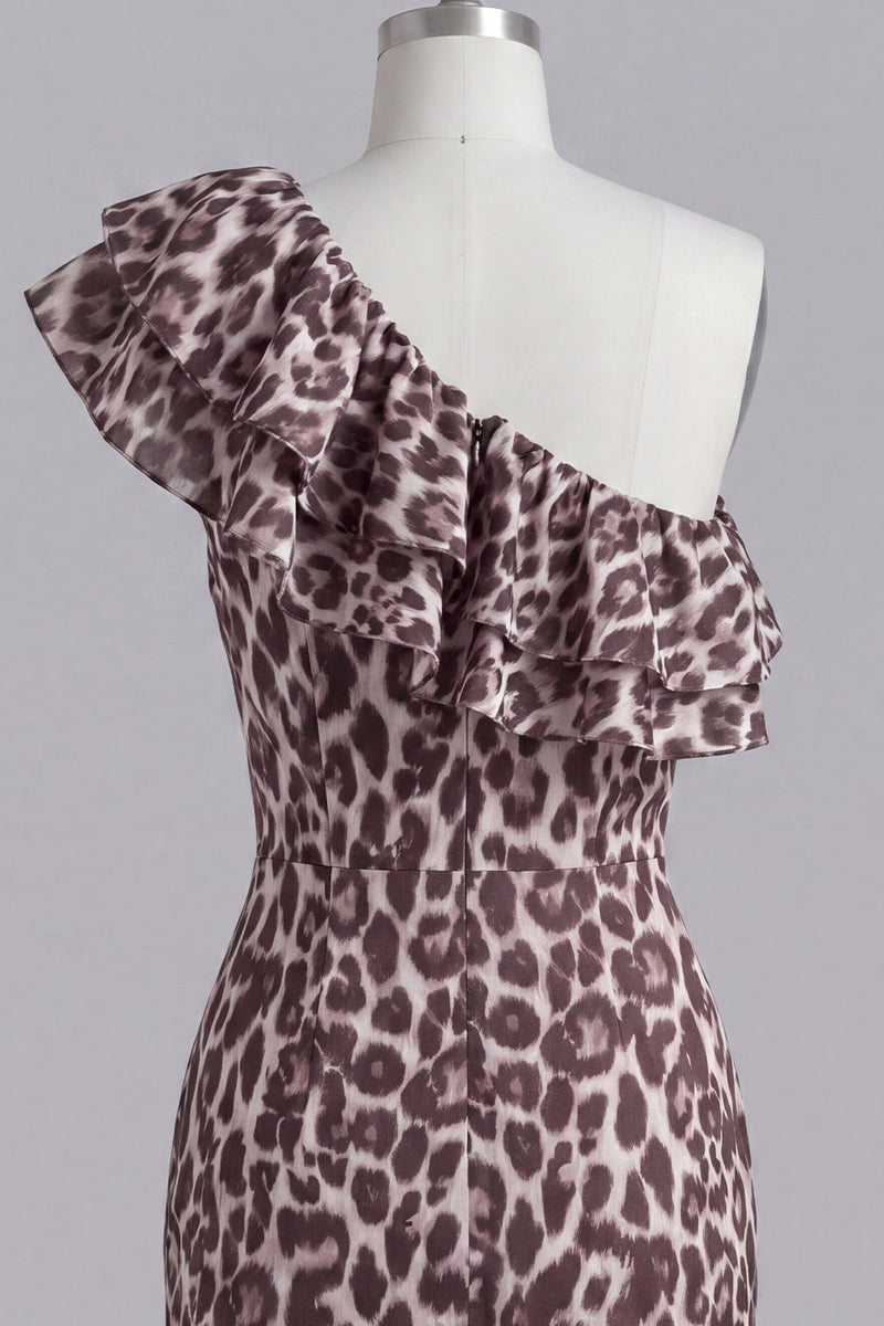 Load image into Gallery viewer, Ruffles Tight One Shoulder Coffee Leopard Print Short Prom Dress with Slit
