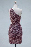 Load image into Gallery viewer, One Shoulder Ruched Cut Out Coffee Leopard Print Tight Short Prom Dress
