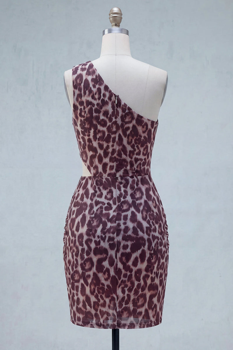 Load image into Gallery viewer, One Shoulder Ruched Cut Out Coffee Leopard Print Tight Short Prom Dress
