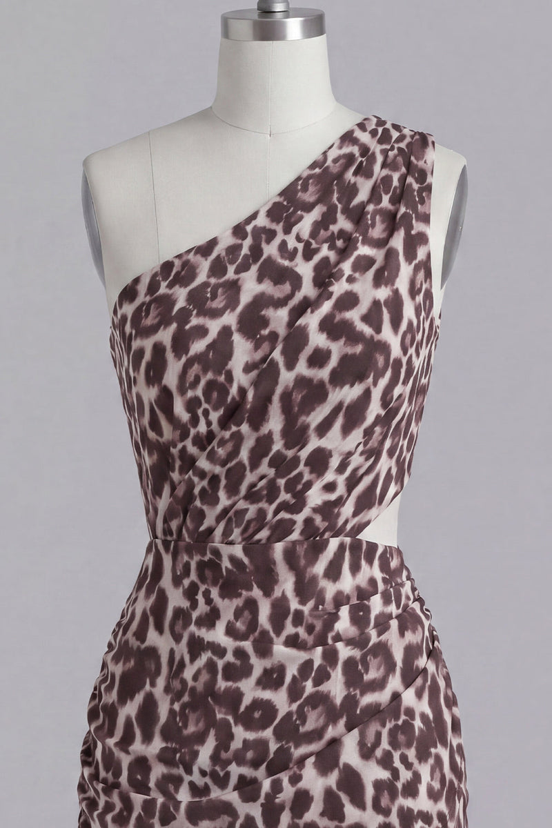 Load image into Gallery viewer, One Shoulder Ruched Cut Out Coffee Leopard Print Tight Short Prom Dress