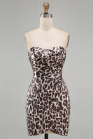 Load image into Gallery viewer, Strapless Coffee Leopard Print Ruched Tight Short Prom Dress