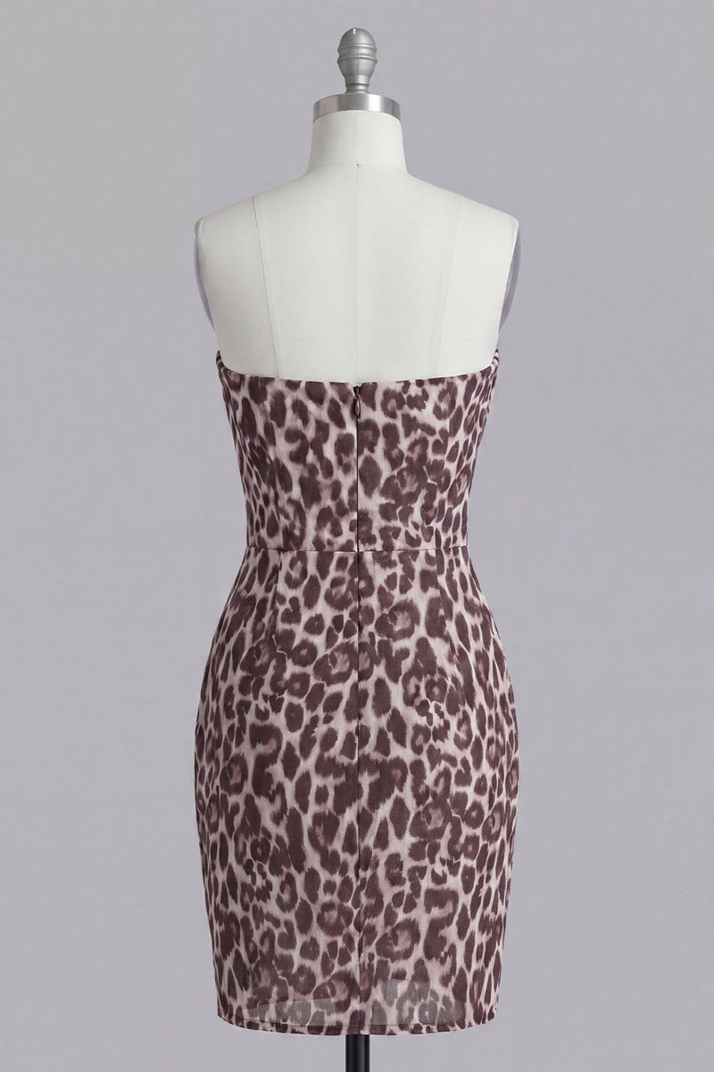 Load image into Gallery viewer, Strapless Coffee Leopard Print Ruched Tight Short Prom Dress