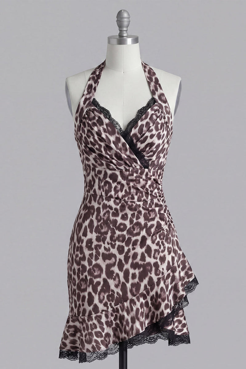 Load image into Gallery viewer, Halter Tight Coffee Leopard Print Short Prom Dress with Lace