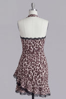 Load image into Gallery viewer, Halter Tight Coffee Leopard Print Short Prom Dress with Lace