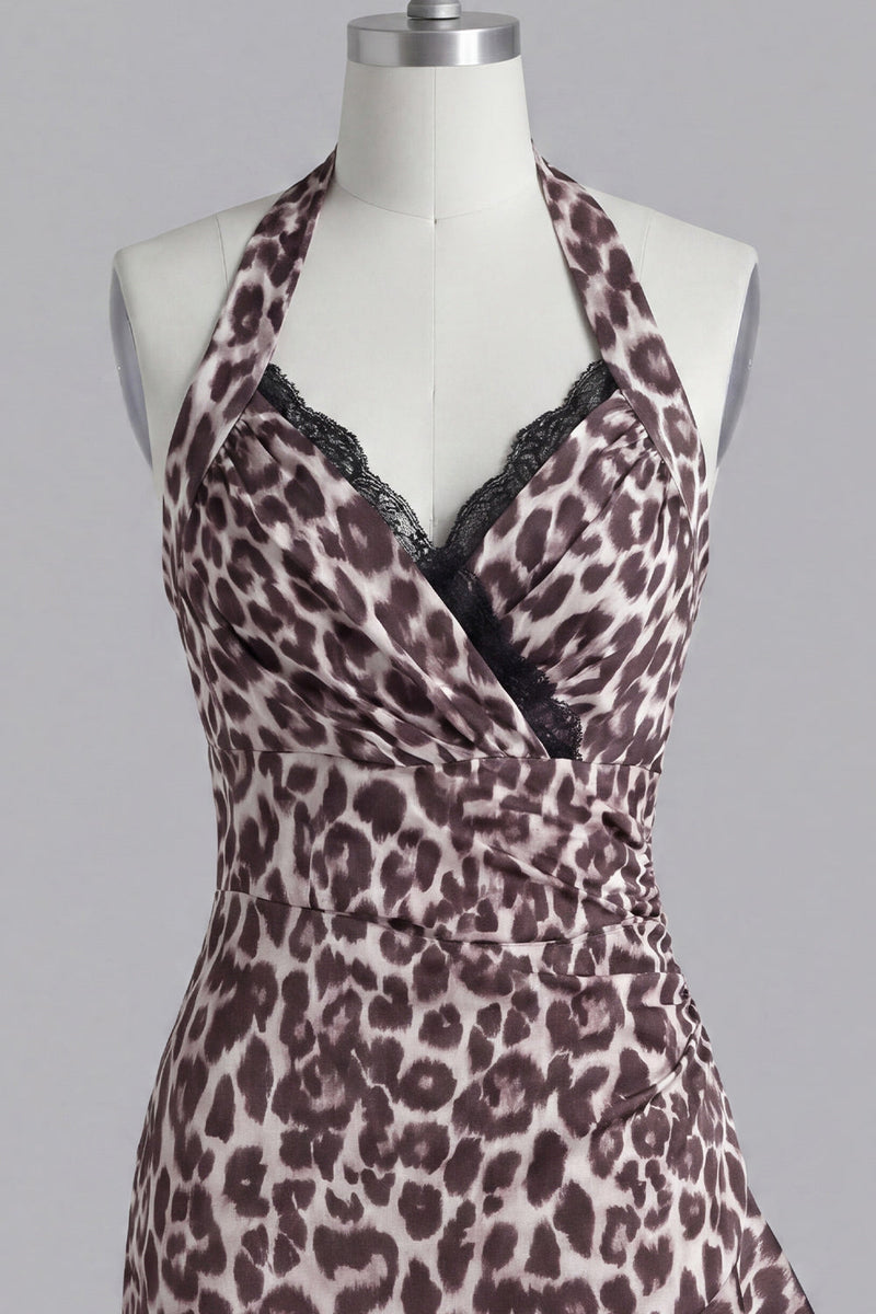 Load image into Gallery viewer, Halter Tight Coffee Leopard Print Short Prom Dress with Lace