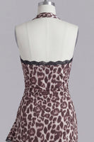 Load image into Gallery viewer, Halter Tight Coffee Leopard Print Short Prom Dress with Lace