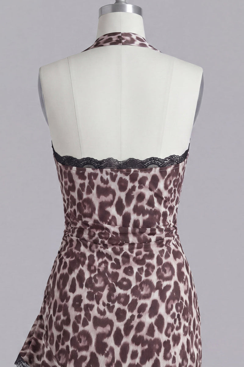 Load image into Gallery viewer, Halter Tight Coffee Leopard Print Short Prom Dress with Lace