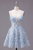Load image into Gallery viewer, Sparkly Spaghetti Straps Floral Blue Sequin Short A Line Corset Prom Dress