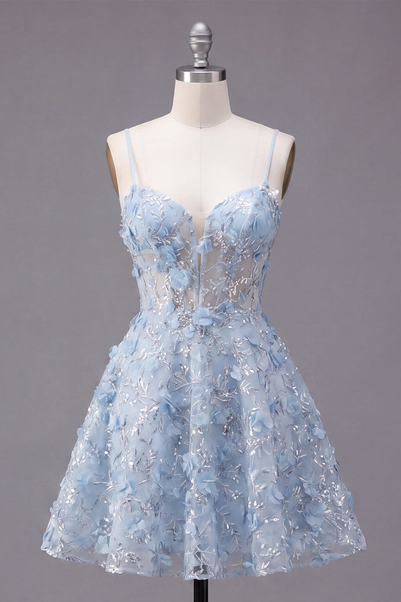 Load image into Gallery viewer, Sparkly Spaghetti Straps Floral Blue Sequin Short A Line Corset Prom Dress
