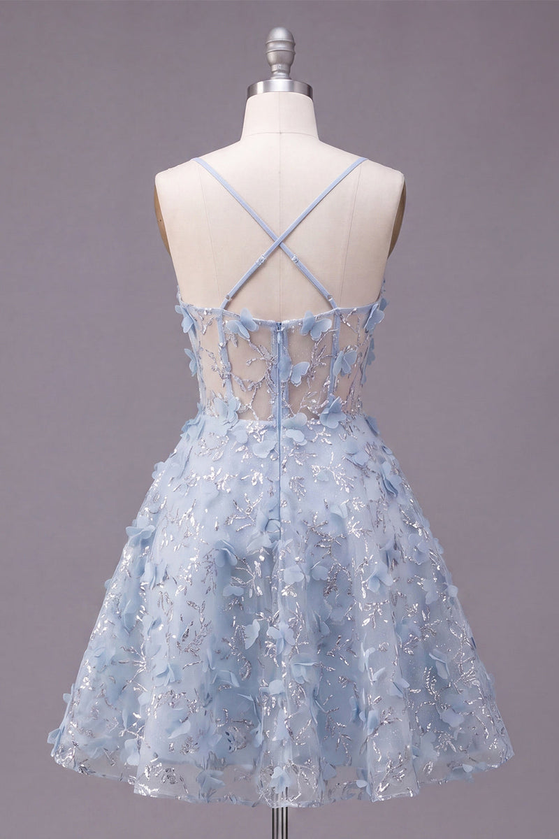 Load image into Gallery viewer, Sparkly Spaghetti Straps Floral Blue Sequin Short A Line Corset Prom Dress