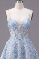 Load image into Gallery viewer, Sparkly Spaghetti Straps Floral Blue Sequin Short A Line Corset Prom Dress