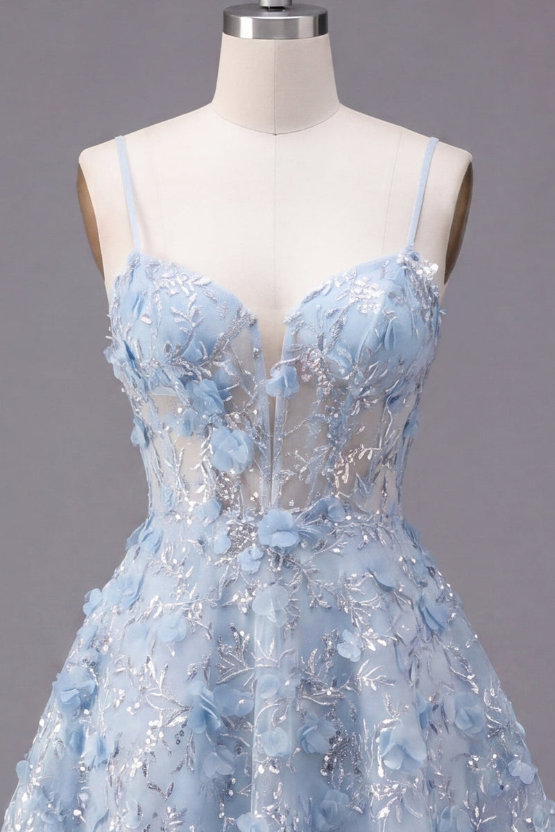 Load image into Gallery viewer, Sparkly Spaghetti Straps Floral Blue Sequin Short A Line Corset Prom Dress