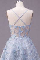 Load image into Gallery viewer, Sparkly Spaghetti Straps Floral Blue Sequin Short A Line Corset Prom Dress