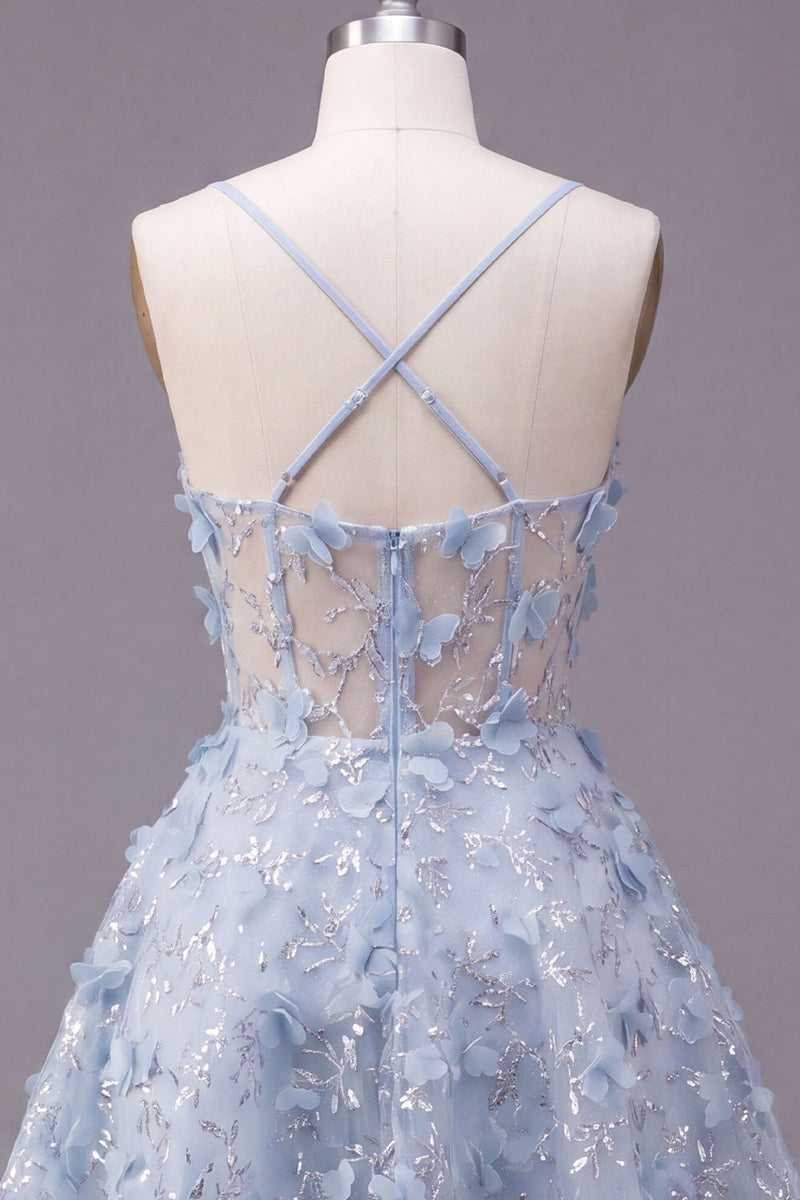 Load image into Gallery viewer, Sparkly Spaghetti Straps Floral Blue Sequin Short A Line Corset Prom Dress