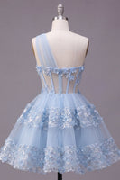 Load image into Gallery viewer, Corset Keyhole Floral Sparkly Blue Sequin Short A Line Prom Dress with Ruffles