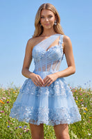 Load image into Gallery viewer, Corset Keyhole Floral Sparkly Blue Sequin Short A Line Prom Dress with Ruffles