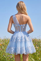 Load image into Gallery viewer, Corset Keyhole Floral Sparkly Blue Sequin Short A Line Prom Dress with Ruffles