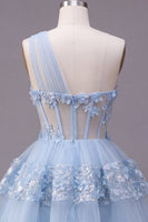 Load image into Gallery viewer, Corset Keyhole Floral Sparkly Blue Sequin Short A Line Prom Dress with Ruffles