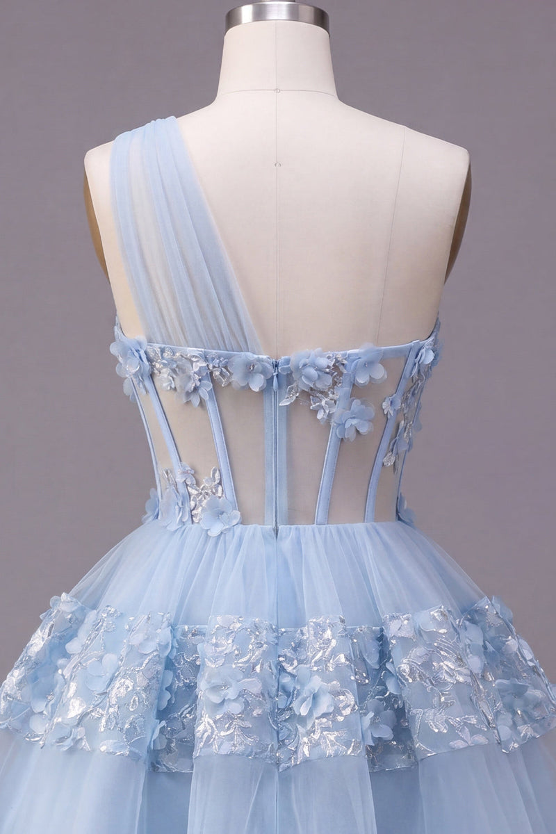 Load image into Gallery viewer, Corset Keyhole Floral Sparkly Blue Sequin Short A Line Prom Dress with Ruffles