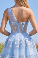 Load image into Gallery viewer, Corset Keyhole Floral Sparkly Blue Sequin Short A Line Prom Dress with Ruffles