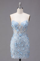 Load image into Gallery viewer, Corset Floral Sparkly Blue Strapless Tight Short Prom Dress with Beading