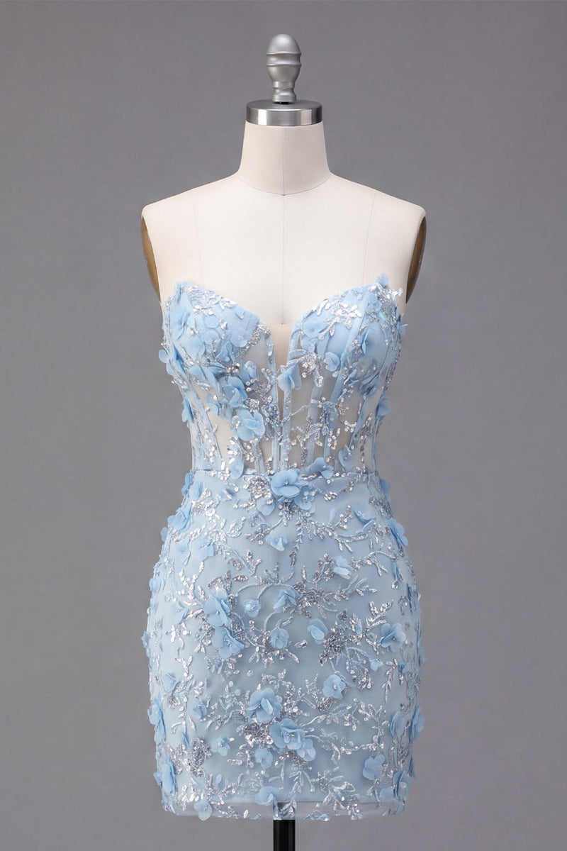 Load image into Gallery viewer, Corset Floral Sparkly Blue Strapless Tight Short Prom Dress with Beading