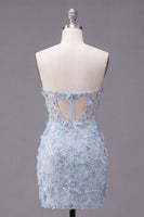Load image into Gallery viewer, Corset Floral Sparkly Blue Strapless Tight Short Prom Dress with Beading