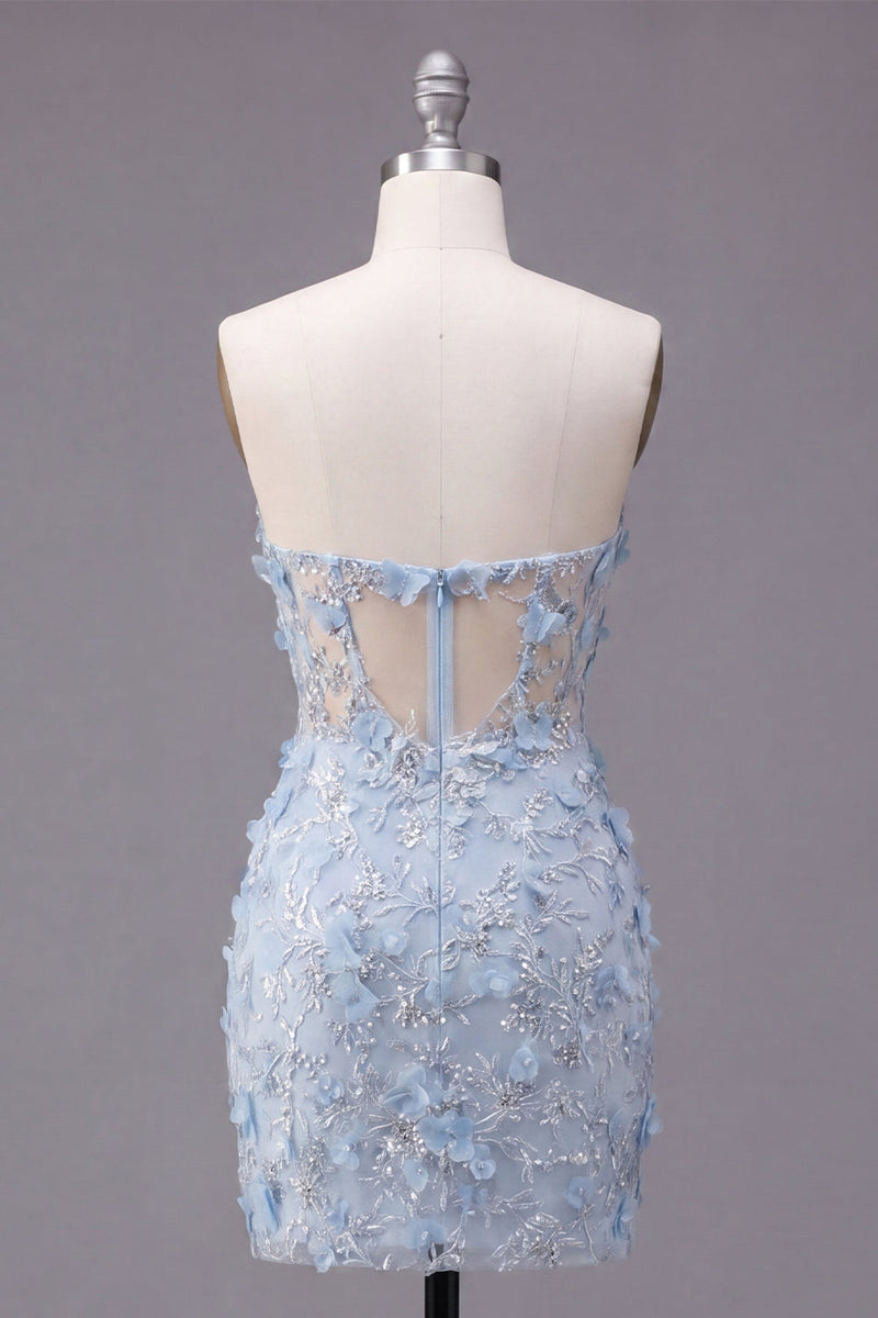 Load image into Gallery viewer, Corset Floral Sparkly Blue Strapless Tight Short Prom Dress with Beading
