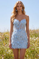 Load image into Gallery viewer, Corset Floral Sparkly Blue Strapless Tight Short Prom Dress with Beading