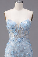 Load image into Gallery viewer, Corset Floral Sparkly Blue Strapless Tight Short Prom Dress with Beading