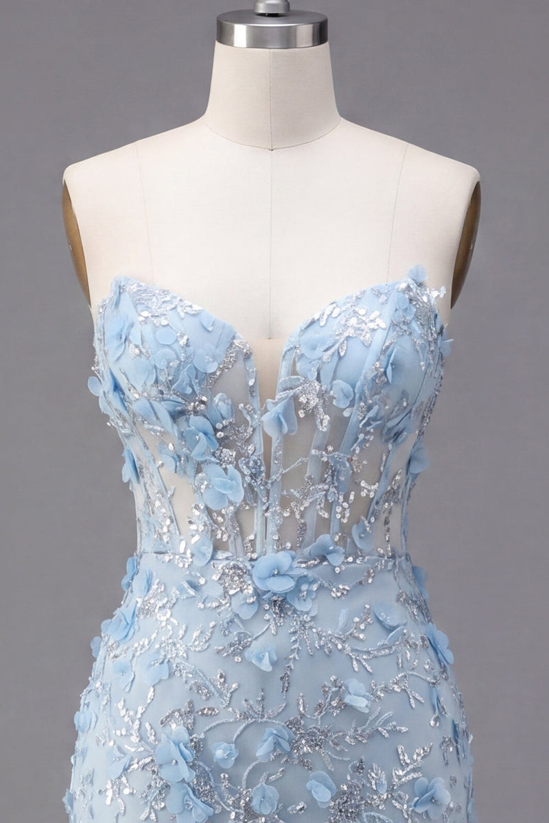 Load image into Gallery viewer, Corset Floral Sparkly Blue Strapless Tight Short Prom Dress with Beading