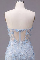 Load image into Gallery viewer, Corset Floral Sparkly Blue Strapless Tight Short Prom Dress with Beading