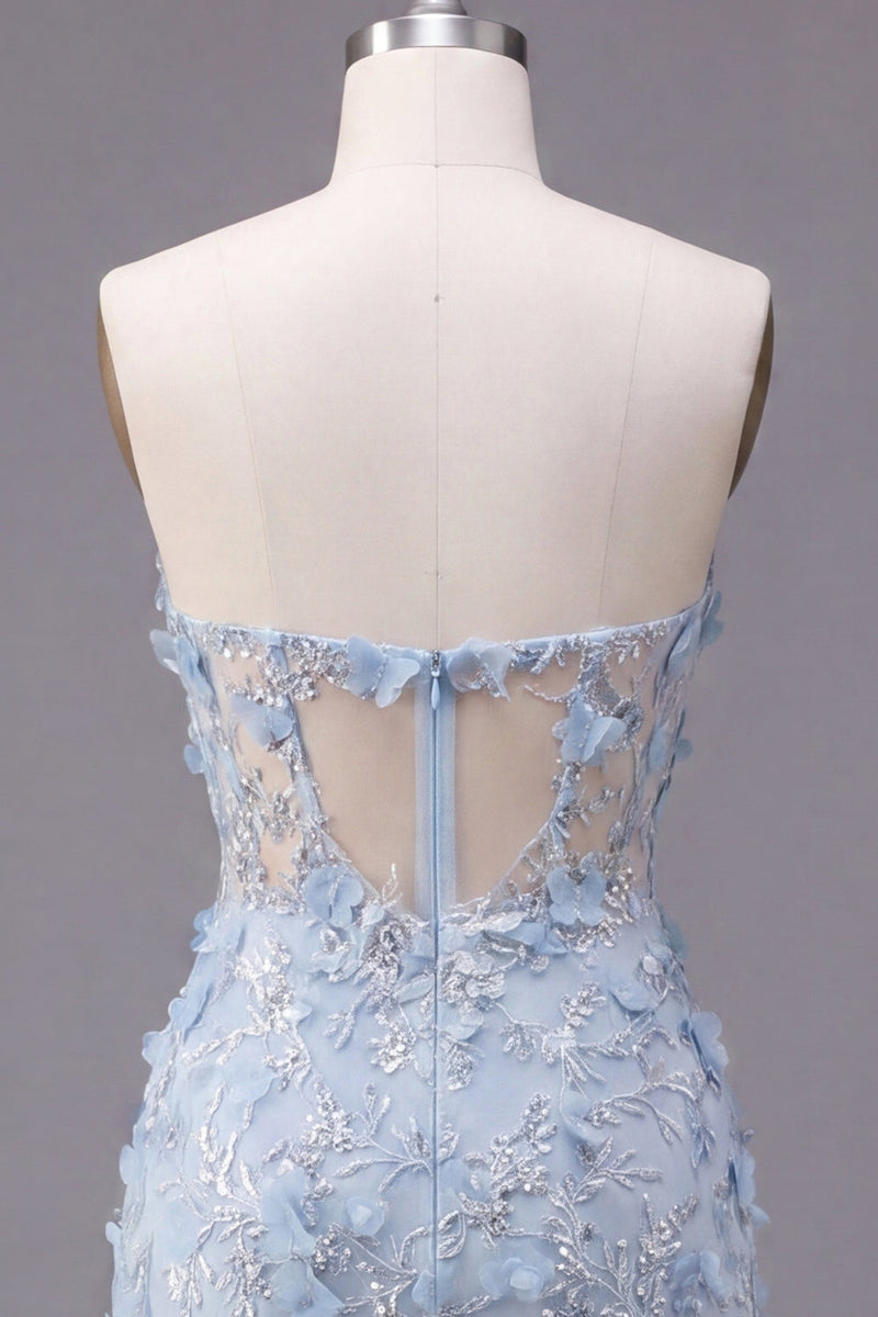 Load image into Gallery viewer, Corset Floral Sparkly Blue Strapless Tight Short Prom Dress with Beading