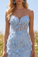 Load image into Gallery viewer, Corset Floral Sparkly Blue Strapless Tight Short Prom Dress with Beading