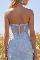 Load image into Gallery viewer, Corset Floral Sparkly Blue Strapless Tight Short Prom Dress with Beading