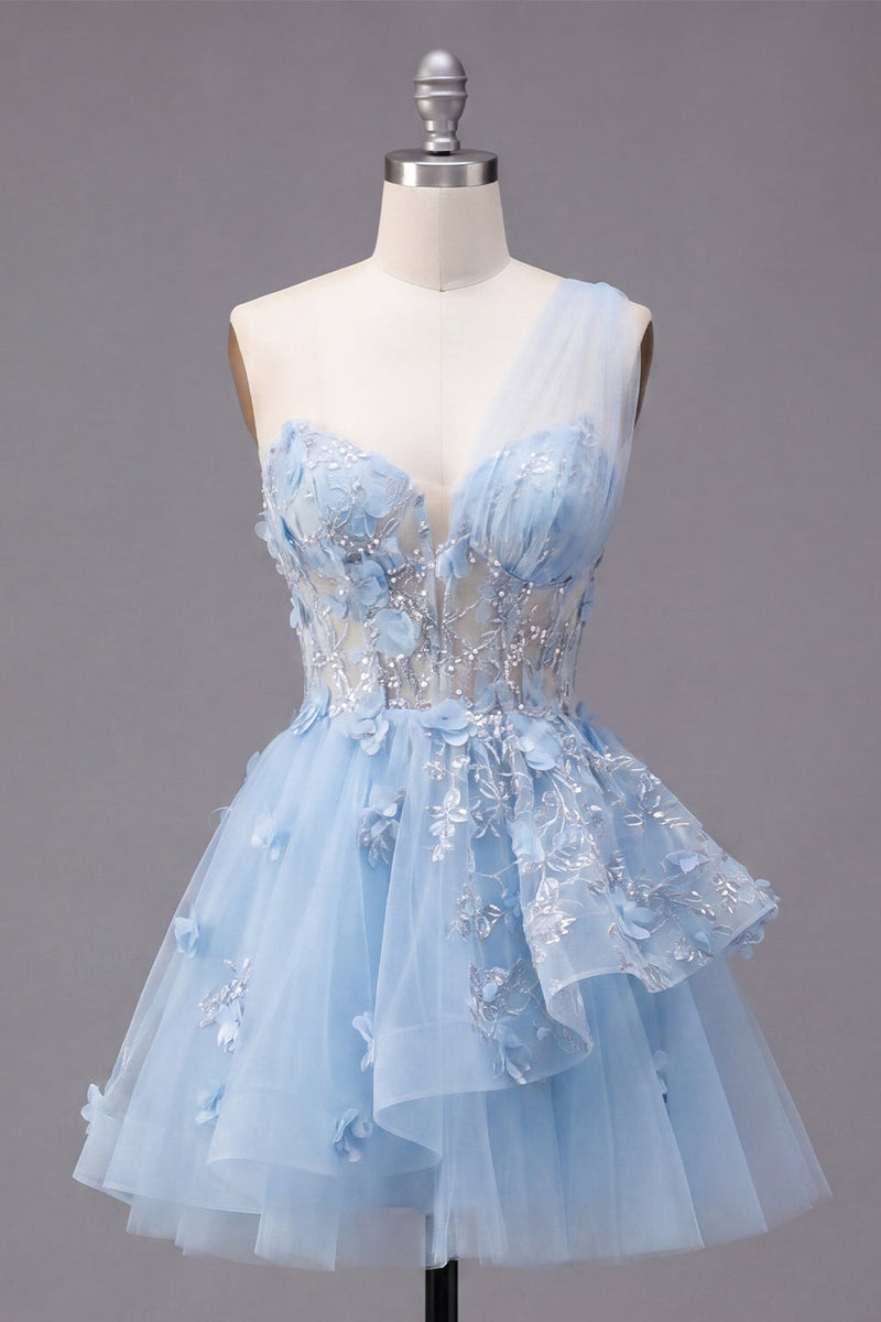 Load image into Gallery viewer, Sparkly Floral Blue Short Beaded Corset A Line Prom Dress with Ruffles