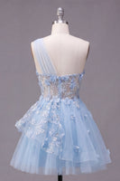 Load image into Gallery viewer, Sparkly Floral Blue Short Beaded Corset A Line Prom Dress with Ruffles