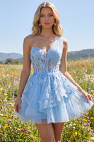 Load image into Gallery viewer, Sparkly Floral Blue Short Beaded Corset A Line Prom Dress with Ruffles