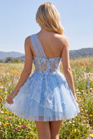 Load image into Gallery viewer, Sparkly Floral Blue Short Beaded Corset A Line Prom Dress with Ruffles