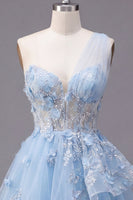 Load image into Gallery viewer, Sparkly Floral Blue Short Beaded Corset A Line Prom Dress with Ruffles