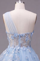 Load image into Gallery viewer, Sparkly Floral Blue Short Beaded Corset A Line Prom Dress with Ruffles
