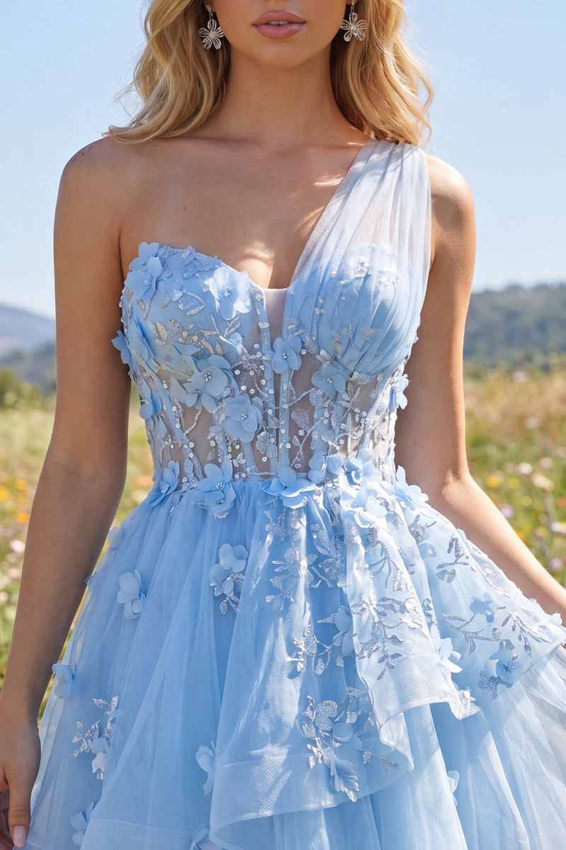 Load image into Gallery viewer, Sparkly Floral Blue Short Beaded Corset A Line Prom Dress with Ruffles