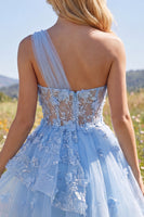 Load image into Gallery viewer, Sparkly Floral Blue Short Beaded Corset A Line Prom Dress with Ruffles