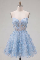 Load image into Gallery viewer, Sparkly A Line Corset Floral Blue Short Strapless Prom Dress with Beading
